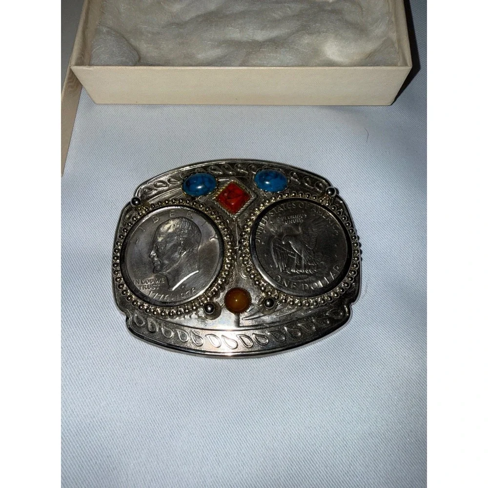 Vintage Bicentennial Eisenhower Silver Dollar‎ Belt Buckle Turquoise Coral Stone